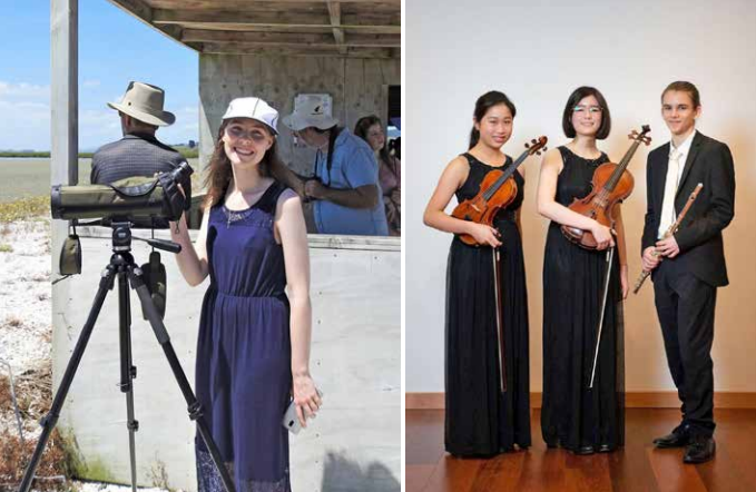 WRYBILL MUSIC: (from left) Young composer Kirsten Strom visits Pūkorokoro to see the Wrybills that have inspired her new composition, A Flung Scarf of Wrybill, which will have its world premiere at the Shorebird Centre on 10 March;
the Orbit trio which will play the piece for the first time. Photos / Ray Buckmaster, Auckland Philharmonia Orchestra